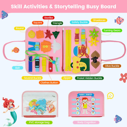 Montessori Toddler Busy Board Educational Activity for Basic Dress Motor Skills Baby Learning Toys for Travel