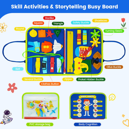 Montessori Toddler Busy Board Educational Activity for Basic Dress Motor Skills Baby Learning Toys for Travel