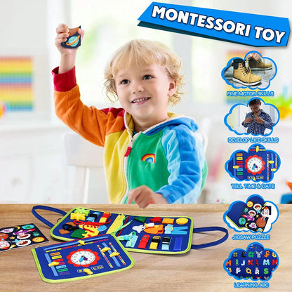 Montessori Toddler Busy Board Educational Activity for Basic Dress Motor Skills Baby Learning Toys for Travel