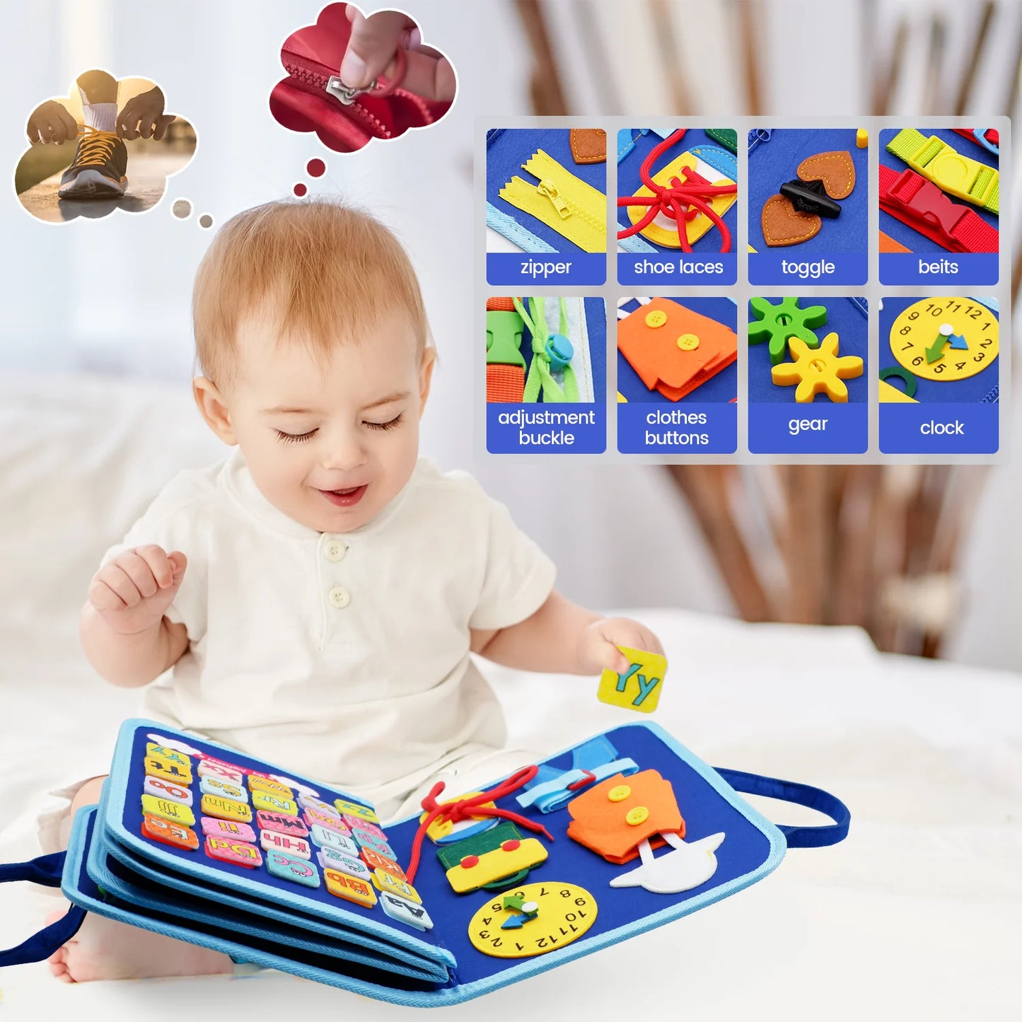 Montessori Toddler Busy Board Educational Activity for Basic Dress Motor Skills Baby Learning Toys for Travel